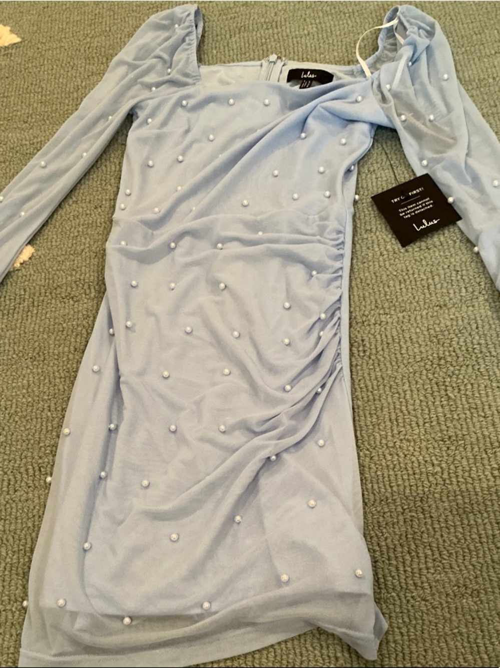 Lulu's Light Blue Pearl-Accent Long Sleeve Midi Dress